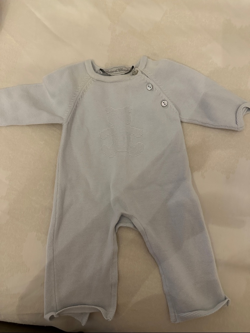 Tartine et Chocolat Light Blue Knit Baby One-Piece with Bear Motif